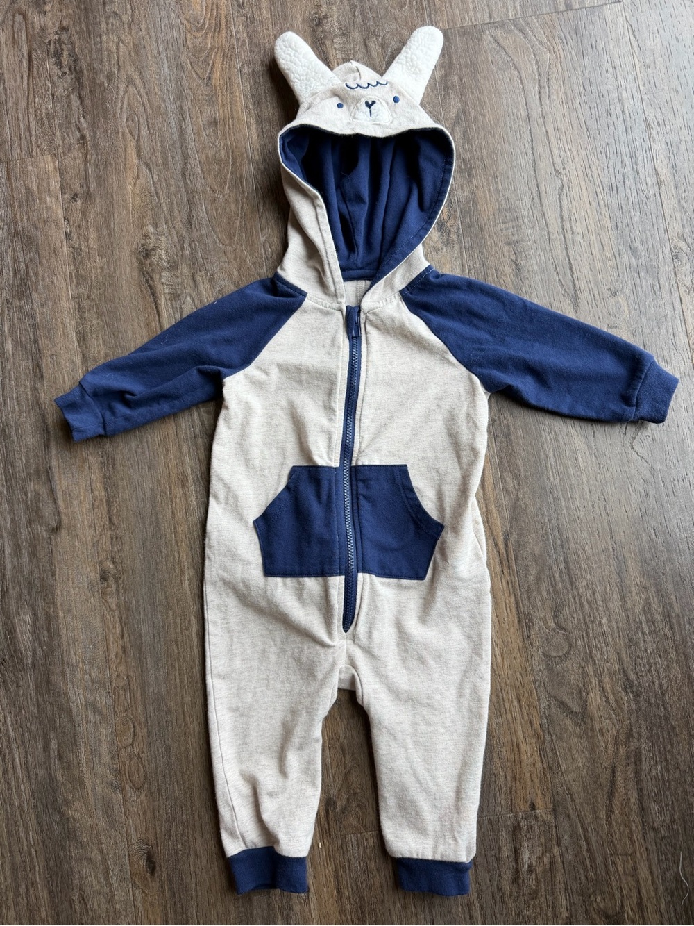 Cat & Jack Navy & Oatmeal Llama Hooded One-Piece 3M-6M